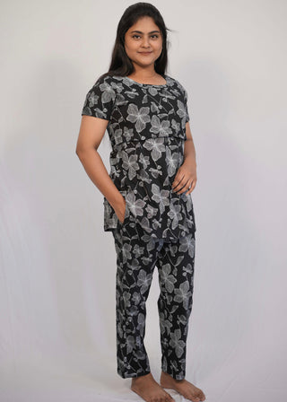 BLACK WHITE FLORA | ZIPLESS FEEDING PANT SET