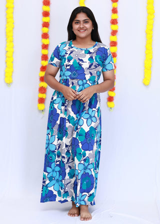 BLUE FLORA | ZIPLESS MATERNITY MAXI-SHORT SLEEVES | FULL LENGTH MAXI
