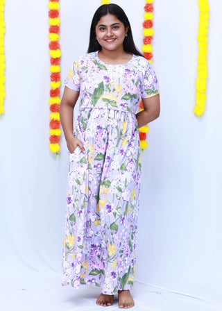 PASTEL FLORA | ZIPLESS MATERNITY MAXI-SHORT SLEEVES | FULL LENGTH MAXI