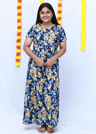 BLUE YELLOW FLORA | ZIPLESS MATERNITY MAXI-SHORT SLEEVES | FULL LENGTH MAXI