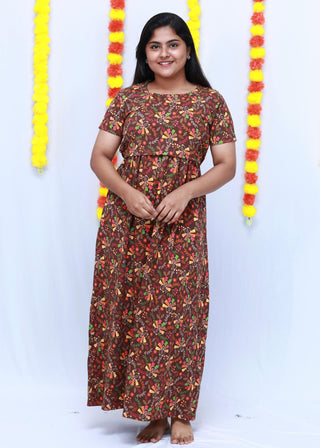 BROWN MULTI FLORAL | ZIPLESS MATERNITY MAXI-SHORT SLEEVES | FULL LENGTH MAXI