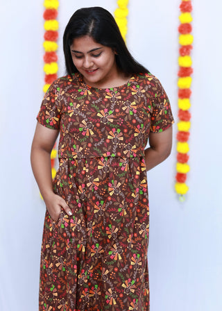 BROWN MULTI FLORAL | ZIPLESS MATERNITY MAXI-SHORT SLEEVES | FULL LENGTH MAXI