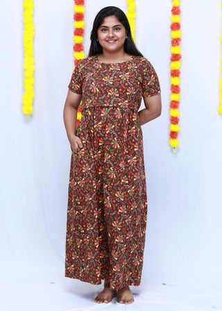 BROWN MULTI FLORAL | ZIPLESS MATERNITY MAXI-SHORT SLEEVES | FULL LENGTH MAXI