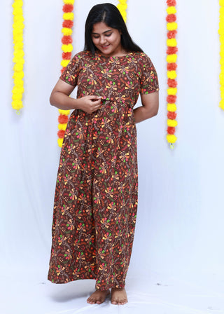 BROWN MULTI FLORAL | ZIPLESS MATERNITY MAXI-SHORT SLEEVES | FULL LENGTH MAXI