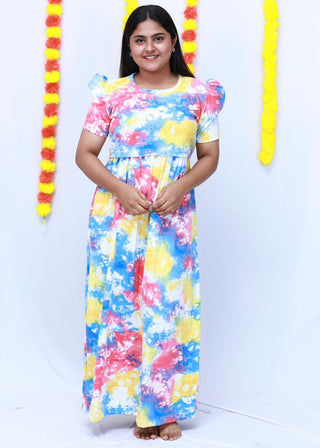 MULTI TIE & DYE | ZIPLESS MATERNITY MAXI-PUFF SLEEVES | FULL LENGTH MAXI