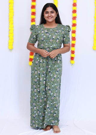 GREEN FLORA | ZIPLESS MATERNITY MAXI-PUFF SLEEVES | FULL LENGTH MAXI