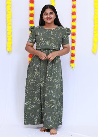 GREEN WAVES | ZIPLESS MATERNITY MAXI-PUFF SLEEVES | FULL LENGTH MAXI