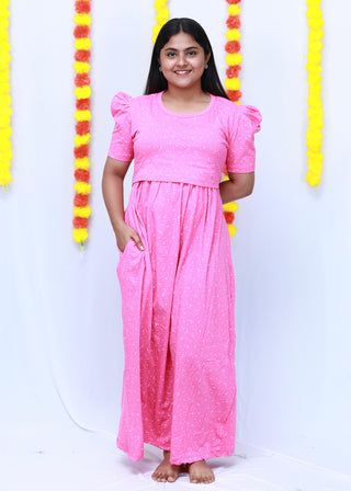 PINK STARS (THIN) | ZIPLESS MATERNITY MAXI-PUFF SLEEVES | FULL LENGTH MAXI