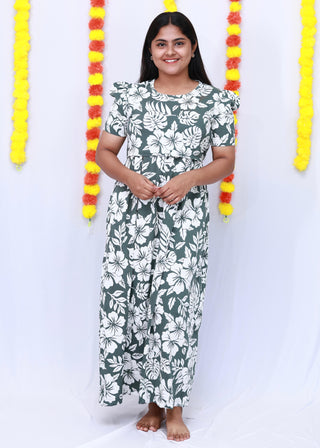 CHARCOAL FLORAL | ZIPLESS MATERNITY MAXI-PUFF SLEEVES | FULL LENGTH MAXI