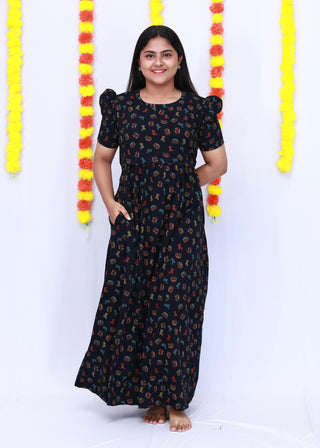 MAJESTIC BLACK | ZIPLESS MATERNITY MAXI-PUFF SLEEVES | FULL LENGTH MAXI