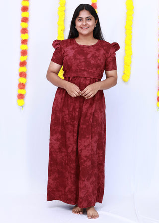 MAROON TIE & DYE | ZIPLESS MATERNITY MAXI-PUFF SLEEVES | FULL LENGTH MAXI