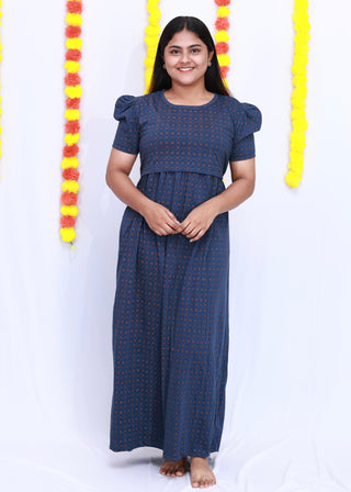 NAVY DIAMOND | ZIPLESS MATERNITY MAXI-PUFF SLEEVES | FULL LENGTH MAXI