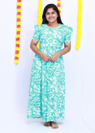 OCEAN FLORAL | ZIPLESS MATERNITY MAXI-PUFF SLEEVES | FULL LENGTH MAXI