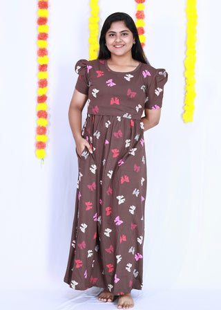 RIBBON | ZIPLESS MATERNITY MAXI-PUFF SLEEVES | FULL LENGTH MAXI