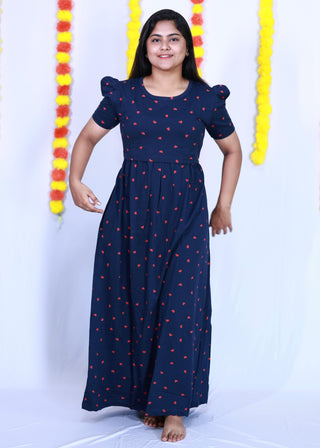 BLUE RED HEART | ZIPLESS MATERNITY MAXI-PUFF SLEEVES | FULL LENGTH MAXI