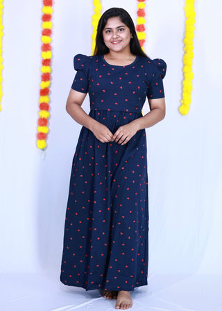 BLUE RED HEART | ZIPLESS MATERNITY MAXI-PUFF SLEEVES | FULL LENGTH MAXI