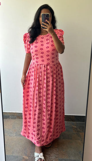 PINK DAISY | ZIPLESS MATERNITY MAXI-PUFF SLEEVES | FULL LENGTH MAXI
