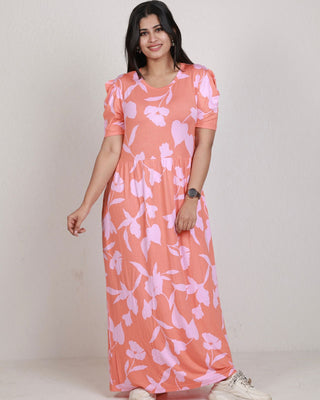 ORANGE PINK FLORAL NON-FEEDING MAXI – PUFF SLEEVES | FULL LENGTH MAXI