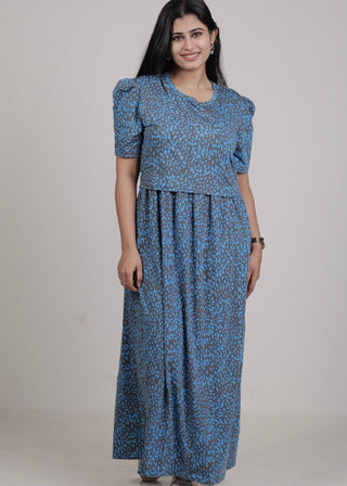 BLUE ABSTRACT | ZIPLESS MATERNITY MAXI-PUFF SLEEVES | FULL LENGTH MAXI