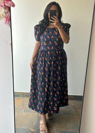 BLUE VEGETABLE (THICK FABRIC) | ZIPLESS MATERNITY MAXI-PUFF SLEEVES | ANKLE LENGTH MAX
