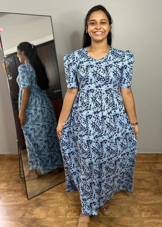 SKYBLUE NAVY FLORAL NON-FEEDING MAXI – PUFF SLEEVES | FULL LENGTH MAXI