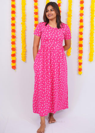 PINK TINY LEAF | NON-FEEDING MAXI – SHORT SLEEVES | FULL LENGTH MAXI