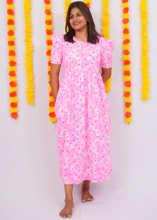 PINK BLACK HEART | NON-FEEDING MAXI – PUFF SLEEVES | ANKLE LENGTH MAXI