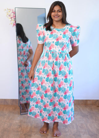 PINK LEAFY FLOWER | ZIPLESS MATERNITY MAXI-PUFF SLEEVES | ANKLE LENGTH MAXI