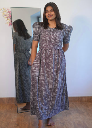 BLACK ASTERIODS (THICK)  | ZIPLESS MATERNITY MAXI-PUFF SLEEVES | ANKLE LENGTH MAXI