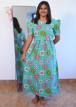 COLOURFUL DAISY | ZIPLESS MATERNITY MAXI-PUFF SLEEVES | ANKLE LENGTH MAXI