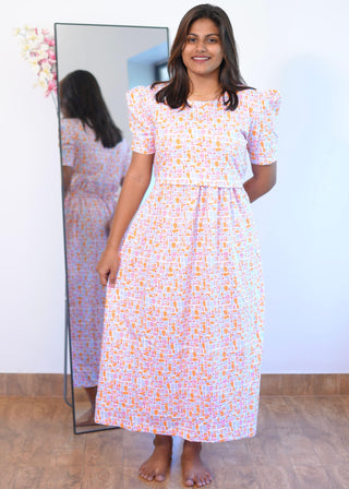 ORANGE PINK GEOMETRIC | ZIPLESS MATERNITY MAXI-PUFF SLEEVES | ANKLE LENGTH MAXI
