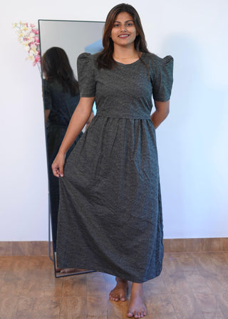 DARK GREY LEAF | ZIPLESS MATERNITY MAXI-PUFF SLEEVES | ANKLE LENGTH MAXI