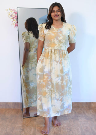 SANDAL TIE & DYE | ZIPLESS MATERNITY MAXI-PUFF SLEEVES | ANKLE LENGTH MAXI