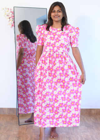 PINK WHITE DAISY | ZIPLESS MATERNITY MAXI-PUFF SLEEVES | ANKLE LENGTH MAXI
