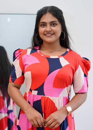 MULTI ABSTRACT | NON-FEEDING MAXI – PUFF SLEEVES | ANKLE LENGTH MAXI