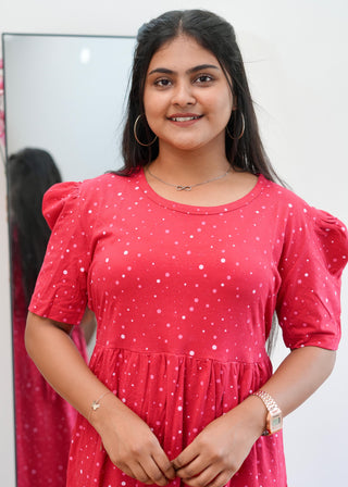 RED DOTS | NON-FEEDING MAXI – PUFF SLEEVES | ANKLE LENGTH MAXI