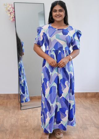 BLUE ABSTRACT| NON-FEEDING MAXI – PUFF SLEEVES | ANKLE LENGTH MAXI