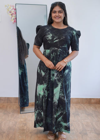 BLACK & TEAL ABSTRACT| NON-FEEDING MAXI – PUFF SLEEVES | ANKLE LENGTH MAXI