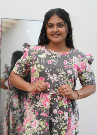 GREEN PINK ROSE | ZIPLESS MATERNITY MAXI-PUFF SLEEVES | ANKLE LENGTH MAXI