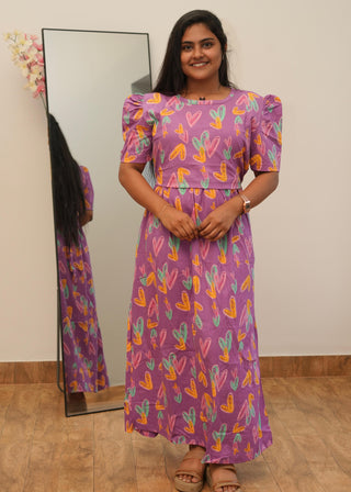 PURPLE HEART | ZIPLESS MATERNITY MAXI-PUFF SLEEVES | ANKLE LENGTH MAXI