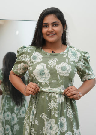 GREEN WHITE FLORAL | ZIPLESS MATERNITY MAXI-PUFF SLEEVES | ANKLE LENGTH MAXI