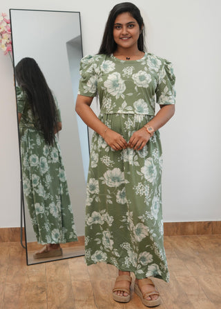 GREEN WHITE FLORAL | ZIPLESS MATERNITY MAXI-PUFF SLEEVES | ANKLE LENGTH MAXI