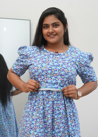 BLUE TINY FLORAL | ZIPLESS MATERNITY MAXI-PUFF SLEEVES | ANKLE LENGTH MAXI