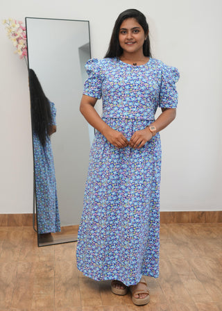 BLUE TINY FLORAL | ZIPLESS MATERNITY MAXI-PUFF SLEEVES | ANKLE LENGTH MAXI
