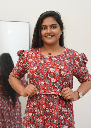 MAROON FLORAL | ZIPLESS MATERNITY MAXI-PUFF SLEEVES | ANKLE LENGTH MAXI