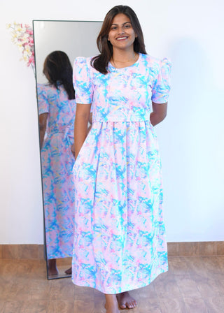 TIE & DYE | ZIPLESS MATERNITY MAXI-PUFF SLEEVES | ANKLE LENGTH MAXI