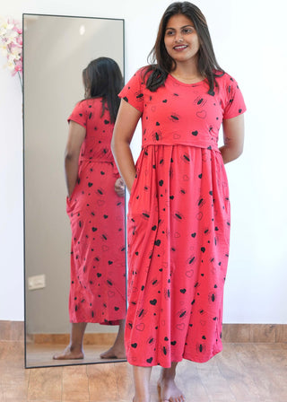 RED HEART SPIDER | ZIPLESS MATERNITY MAXI-SHORT SLEEVES | ANKLE LENGTH MAXI