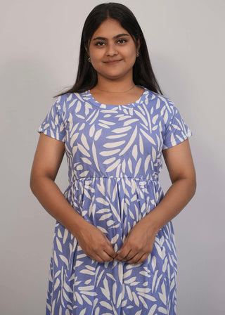BLUE WHITE LEAF | NON-FEEDING MAXI – SHORT SLEEVES | ANKLE LENGTH MAXI