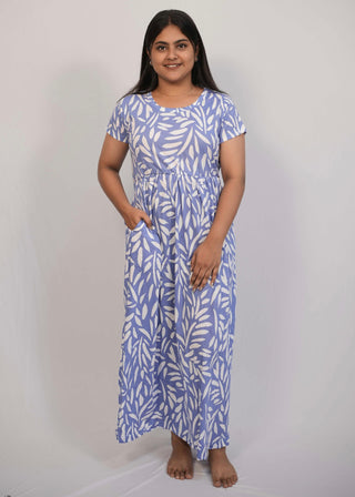 BLUE WHITE LEAF | NON-FEEDING MAXI – SHORT SLEEVES | ANKLE LENGTH MAXI