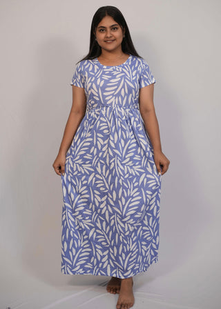BLUE WHITE LEAF | NON-FEEDING MAXI – SHORT SLEEVES | ANKLE LENGTH MAXI